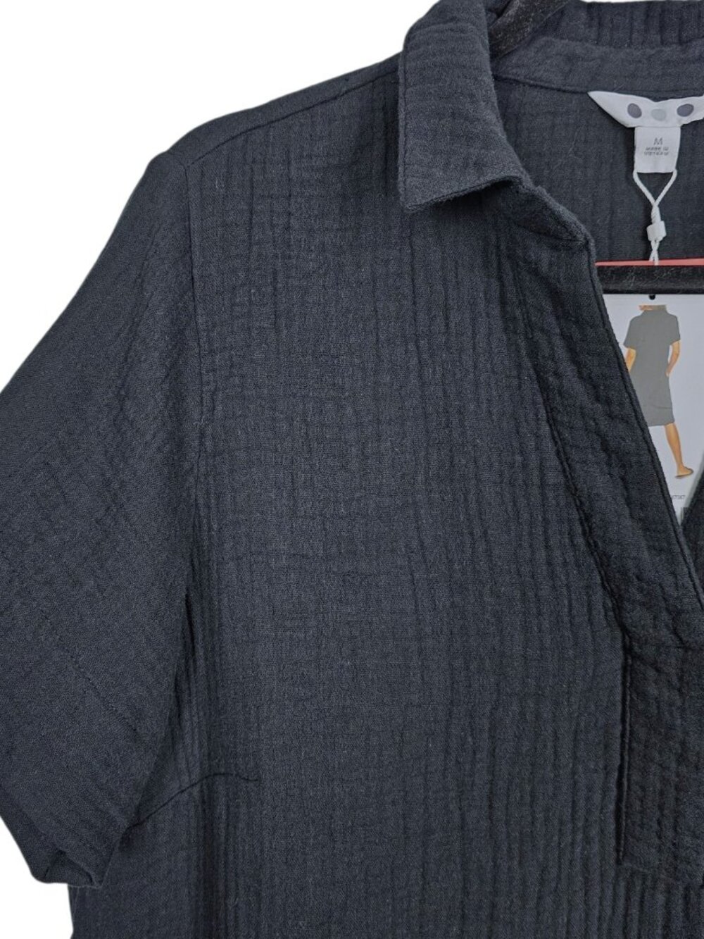 Three Dots Black Cotton Boho Gauze Popover V-Neck Shift Dress Coverup New M - Picture 5 of 12